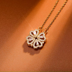 Magnetic Folding Heart Shaped Four Leaf Clover Pendant Necklace