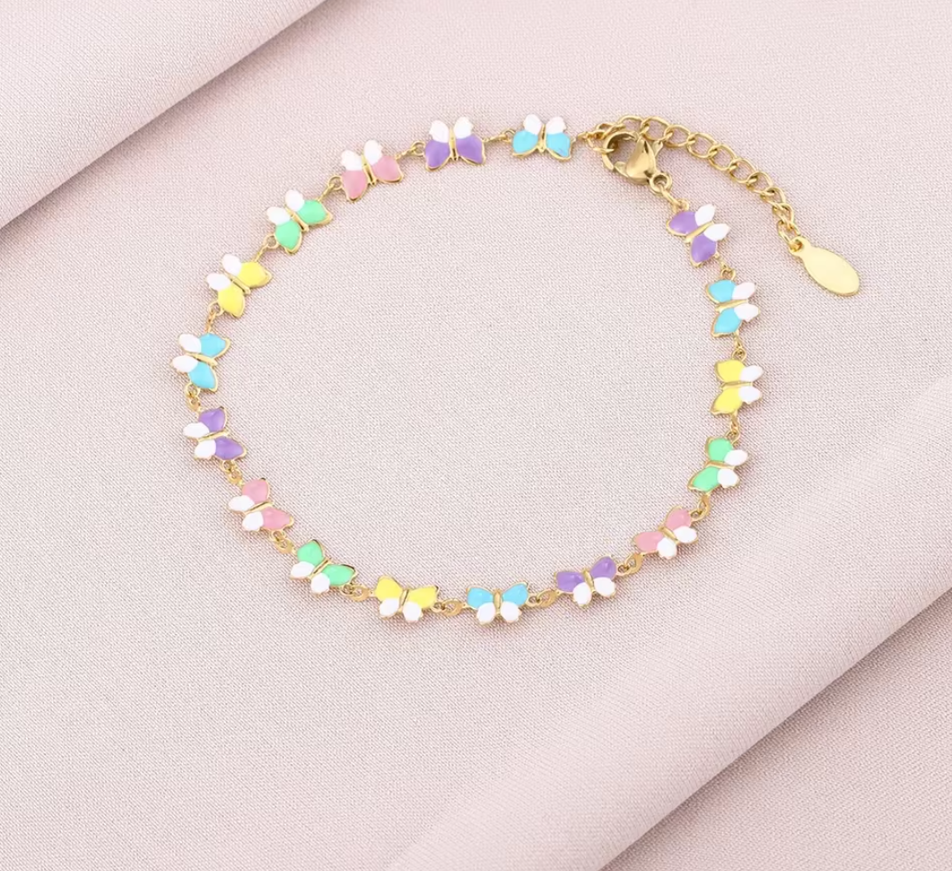 Bright Colorful Enamel Butterfly Chain Necklace Bracelet Jewelry Set Women