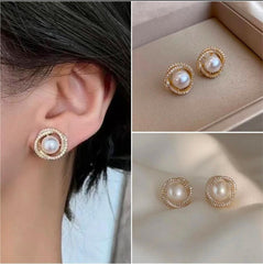 Golden Pearl & Crystal Ear Studs