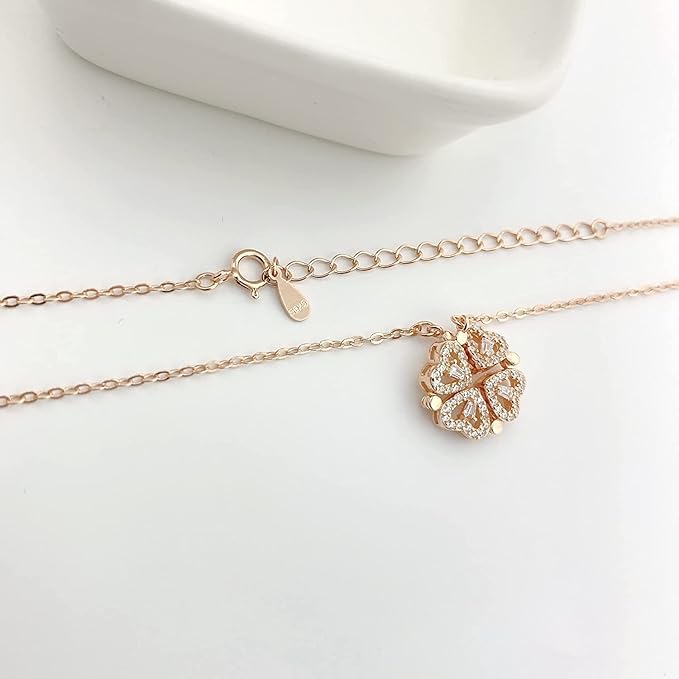 Magnetic Folding Heart Shaped Four Leaf Clover Pendant Necklace