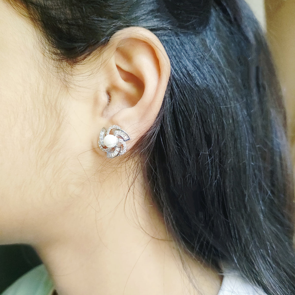 Premium Rotatory Pearl Ear Studs – Silver Finish with Paved Stones