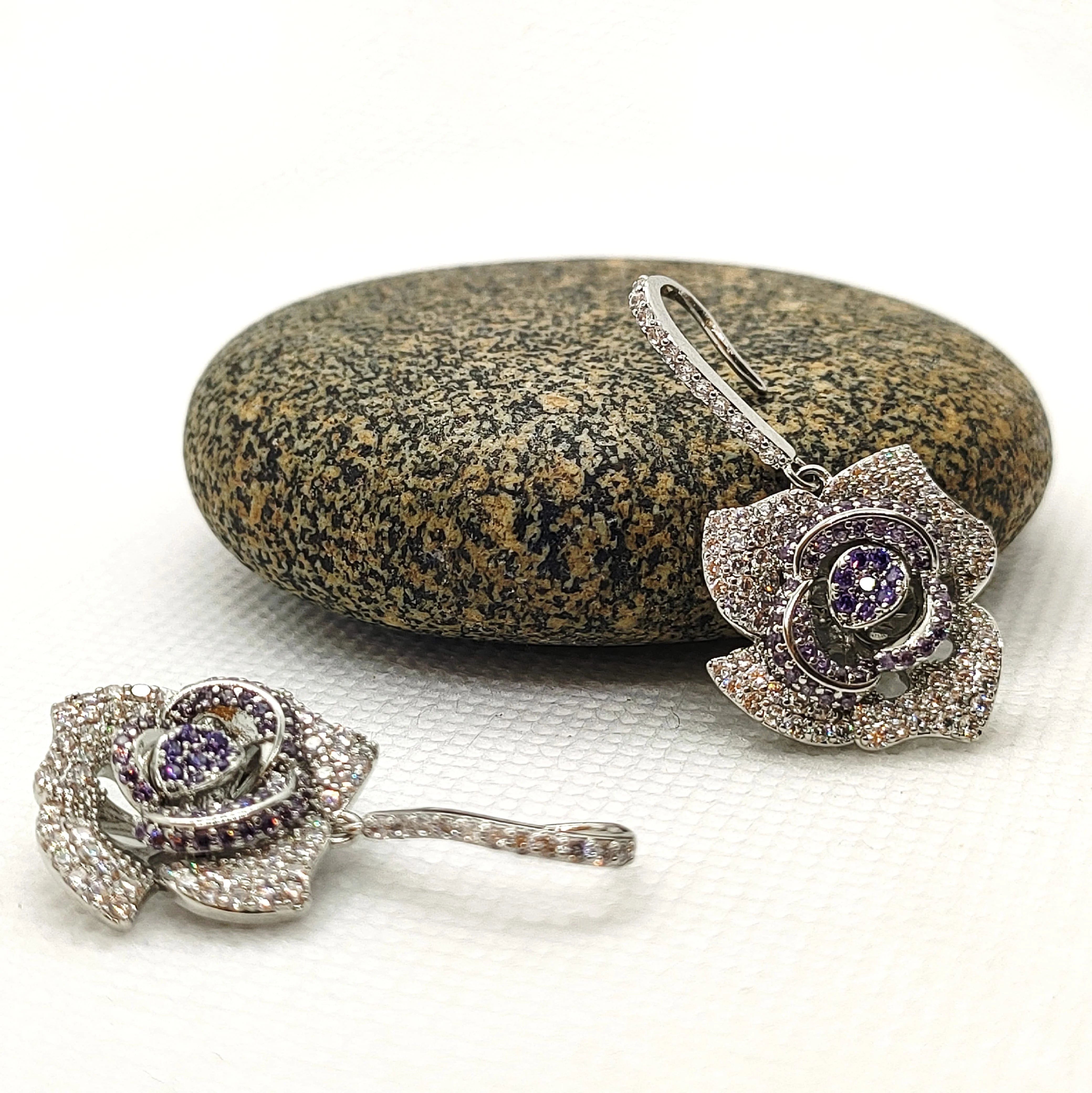 Premium Silver Rose Fall Paved Earring