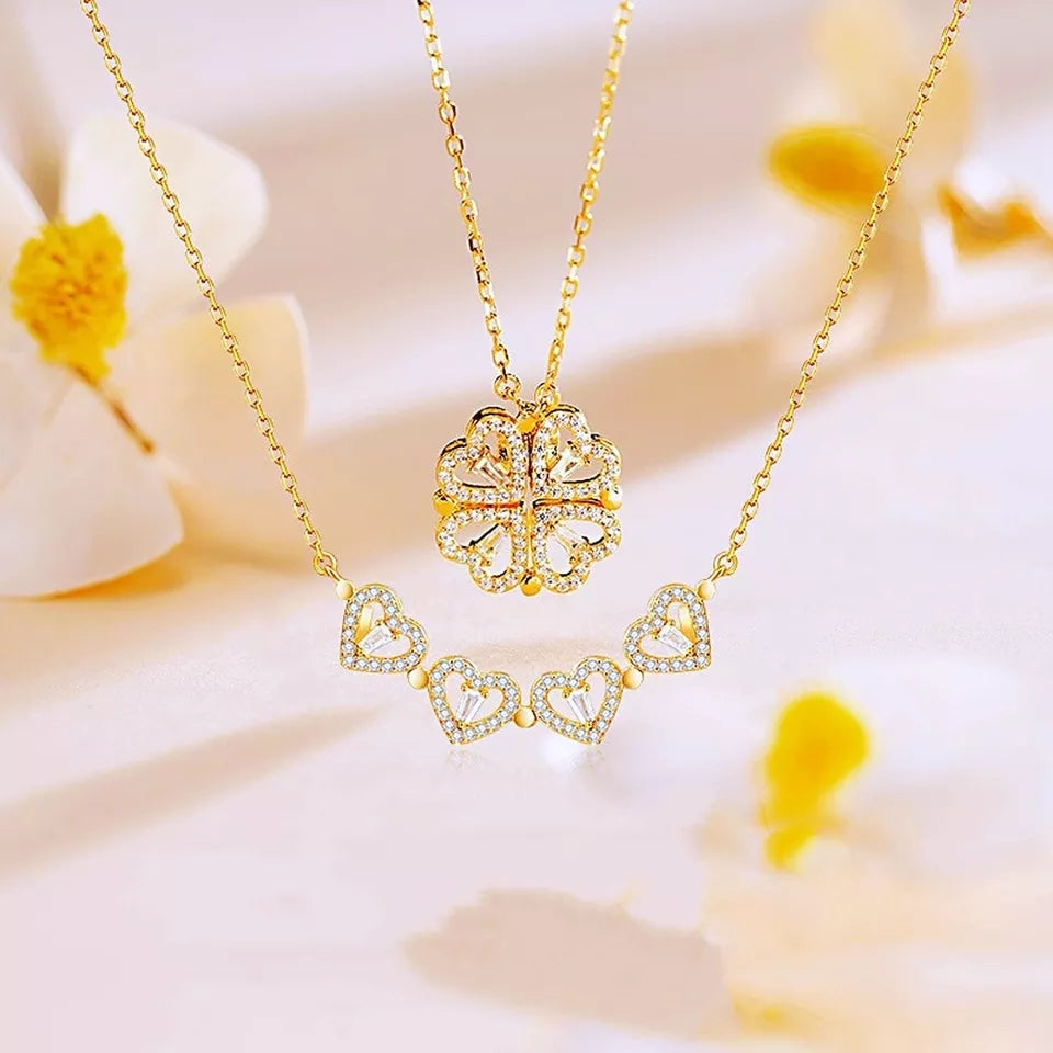 Magnetic Folding Heart Shaped Four Leaf Clover Pendant Necklace